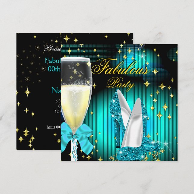 Fantastische Aquamarine Glitzer High Heels Geburts Einladung (Vorne/Hinten)