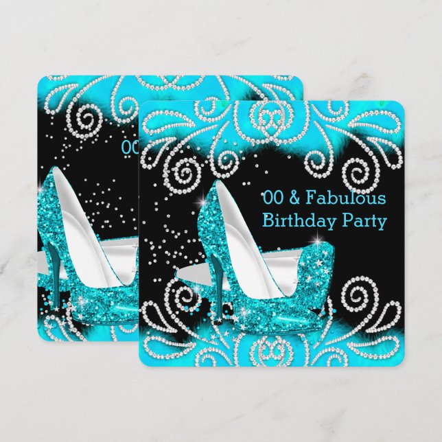 Fantastische Aquamarine Glitzer High Heels Geburts Einladung (Vorne/Hinten)