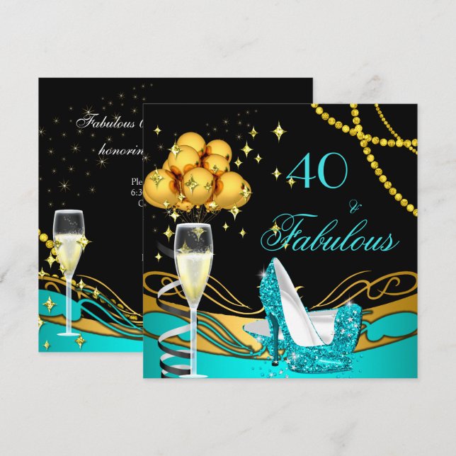 Fantastische Aquamarine Heels Gold Black Birthday  Einladung (Vorne/Hinten)