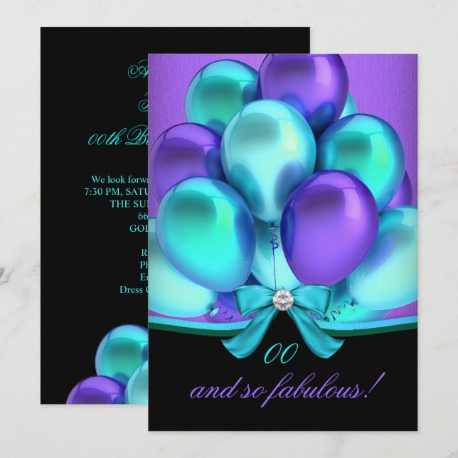 Fantastische Aquamarine Lila Balloons Schwarzer Ge Einladung (Vorne/Hinten)