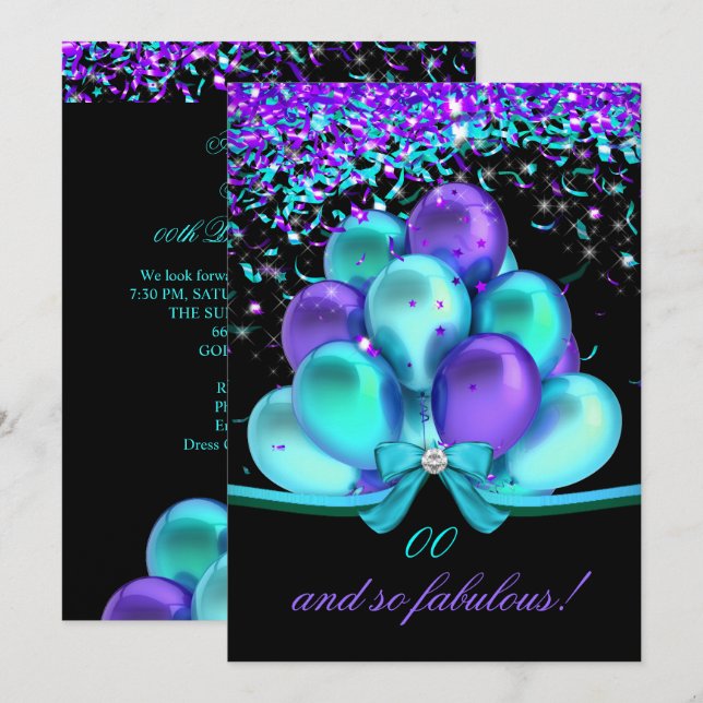 Fantastische Aquamarine Lila Streamers Balloons Ge Einladung (Vorne/Hinten)