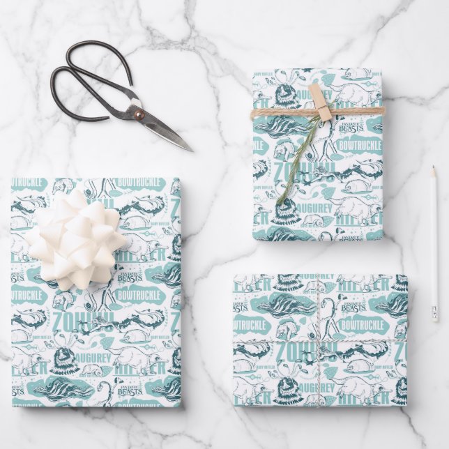 Fantastische Bestien blaues Muster Geschenkpapier Set (Vorderseite)