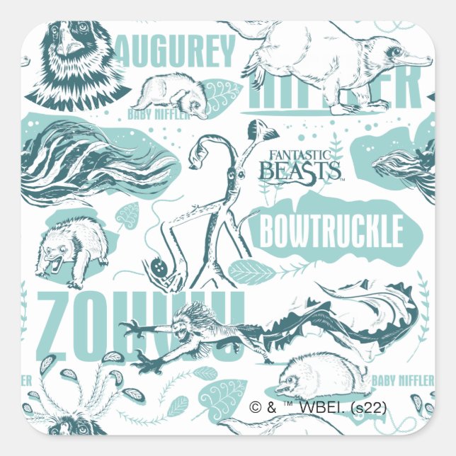 Fantastische Bestien blaues Muster Quadratischer Aufkleber (Vorderseite)