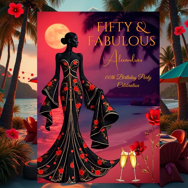 Fantastische Birthday Moonlight Beach Black Red Go Einladung (Von Creator hochgeladen)