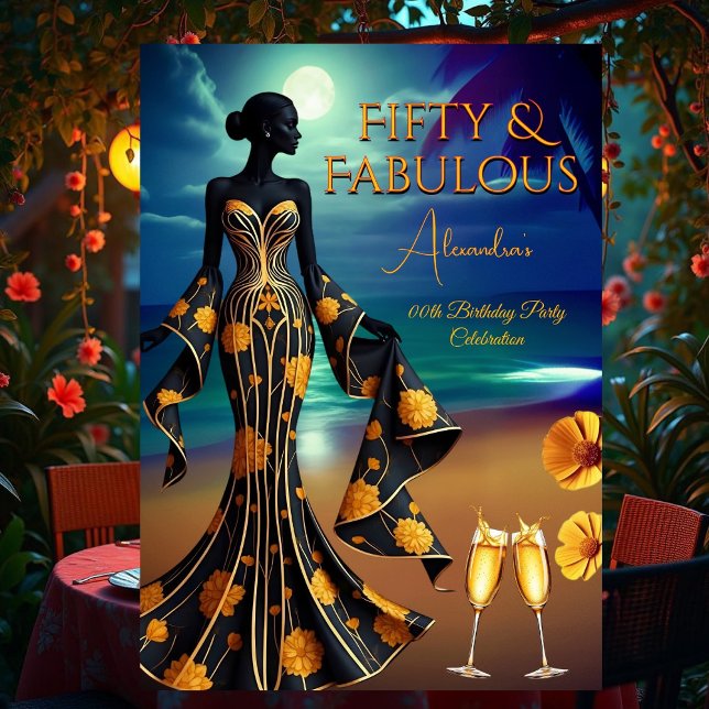 Fantastische Birthday Moonlight Beach Gelb Gold Bl Einladung (Von Creator hochgeladen)