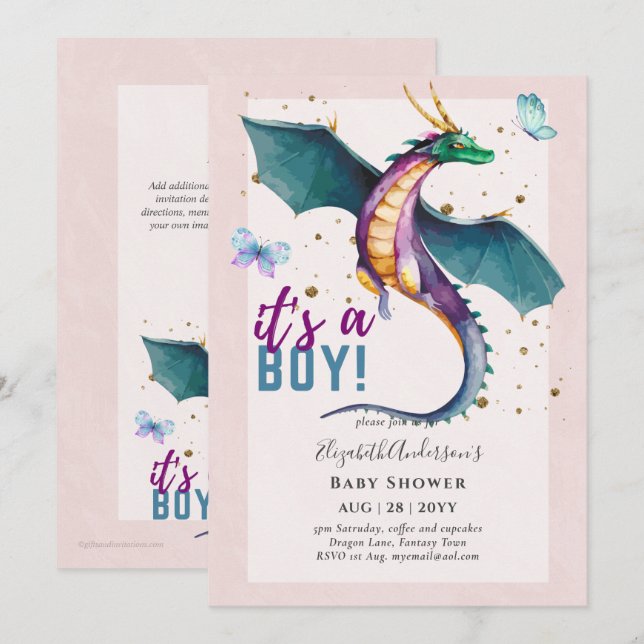 Fantastische DRAGON Themed Baby Boy Shower Reveal Einladung (Vorne/Hinten)