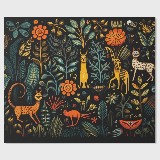 Fantastische Flora und Fauna auf dunklem Hintergru Geschenkpapier (Flach)