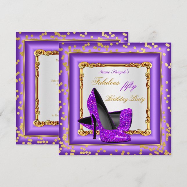 Fantastische Geburtstagsparty Lila GoldHigh Heels Einladung (Vorne/Hinten)