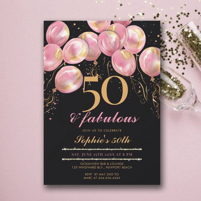 Fantastische Rosa Balloons Gold Black 50. Geburtst Einladung (50th birthday invitations for women balloons arch pink gold black calligraphy modern glam)