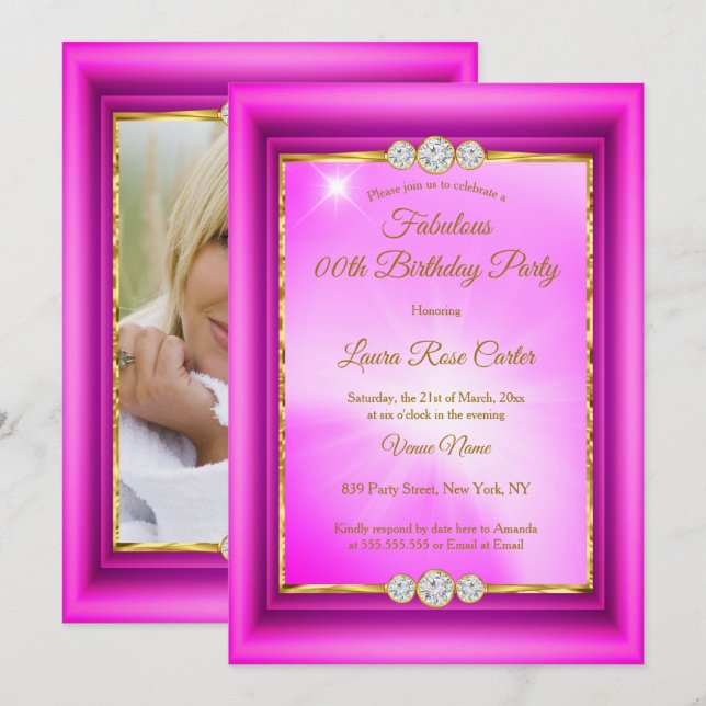 Fantastische Rosa Gold Foto Geburtstagsparty Einladung (Vorne/Hinten)