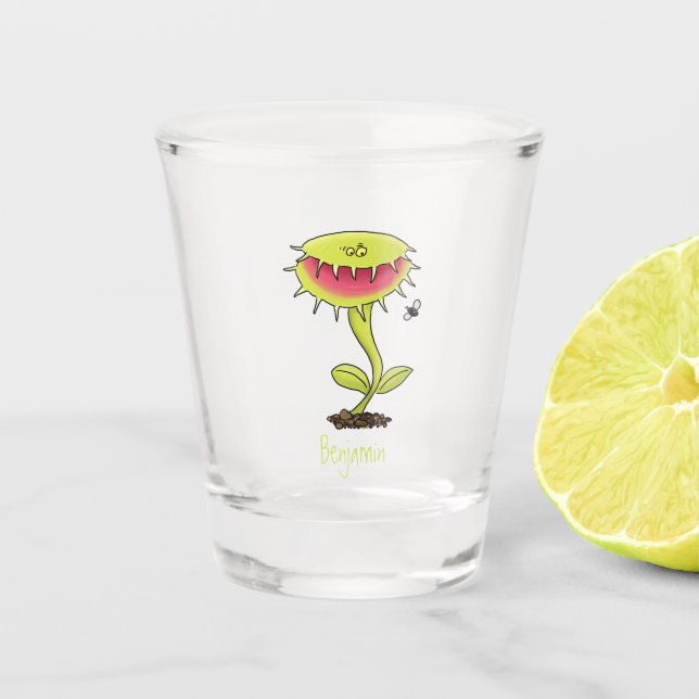 Fantastische Venus Fliegenfalle Pflanze Cartoon Schnapsglas (Vorderseite)