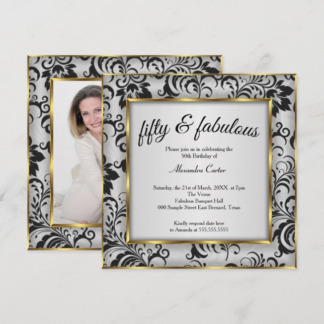 Fantastischer 50 Foto Gold Grau Black Damask Gebur Einladung (Vorne/Hinten)