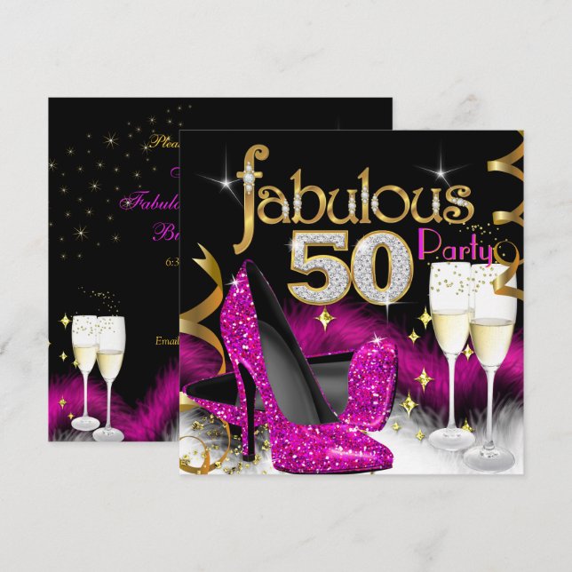 Fantastischer 50. Party Glitzer Hot Pink Champagne Einladung (Vorne/Hinten)