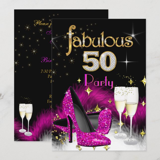 Fantastischer 50. Party Glitzer Hot Pink Champagne Einladung (Vorne/Hinten)