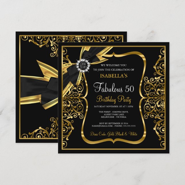 Fantastischer 50. Pearl Gold Lace Bow Black Einlad Einladung (Vorne/Hinten)