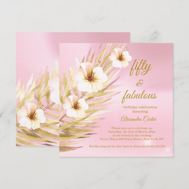 Fantastischer 50. Pink Gold Weißer Blumengeburt Einladung (Vorne/Hinten)