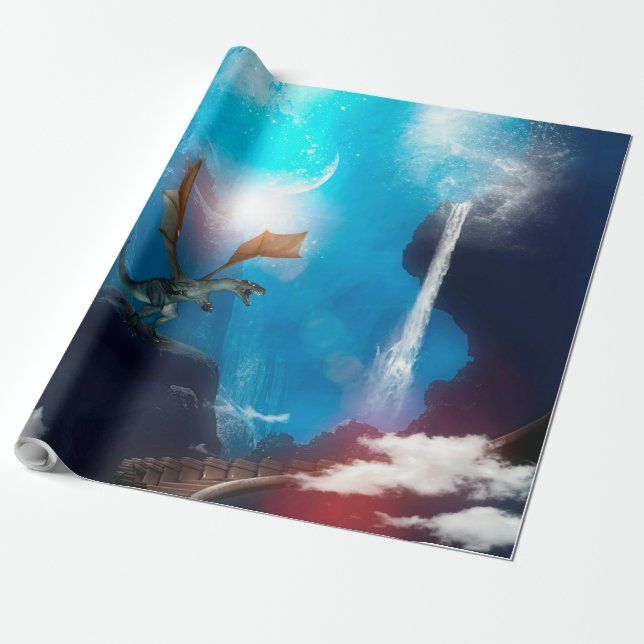 Fantastischer Drache mit Wasserfällen Geschenkpapier (Ungerollt)