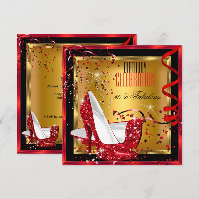 Fantastischer Glitzer Red High Heels Gold Geburtst Einladung (Vorne/Hinten)