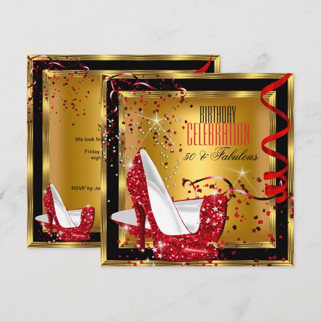 Fantastischer Glitzer Red High Heels Gold Geburtst Einladung (Vorne/Hinten)