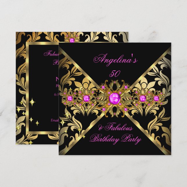 Fantastischer Hot Pink Gold Black Damask Einladung (Vorne/Hinten)