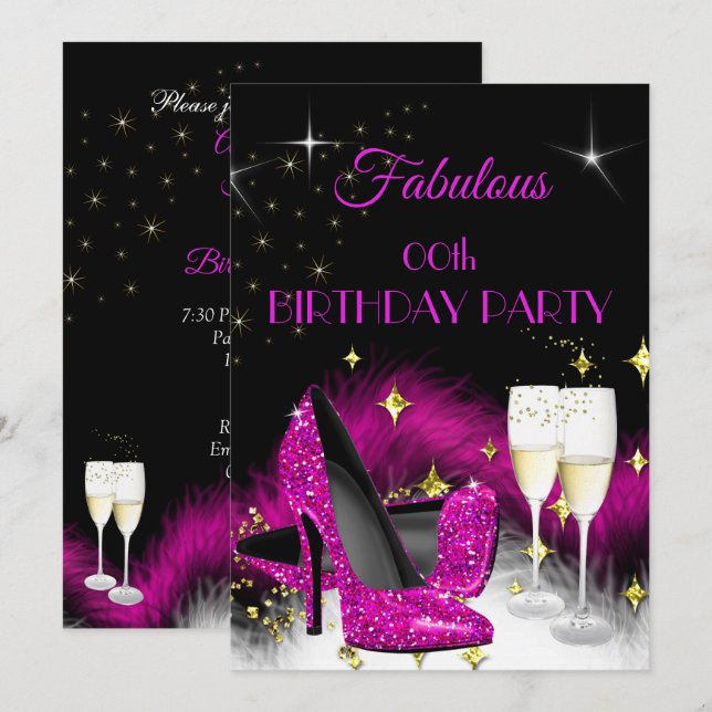 Fantastischer Party Glitzer Hot Pink Champagne Einladung (Vorne/Hinten)