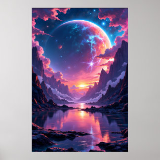 Fantastischer Planet erhebt sich über Berge und Wa Poster