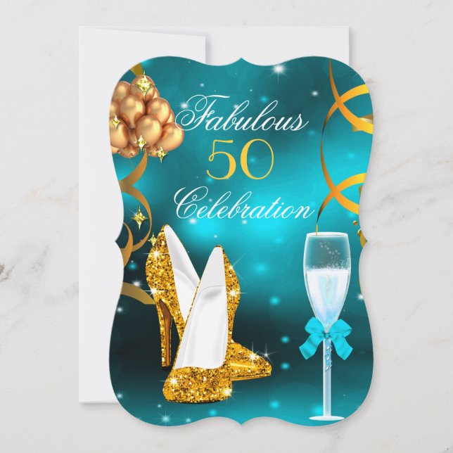 Fantastisches 50 Aquamarines Gold High Heel Champa Einladung (Vorderseite)