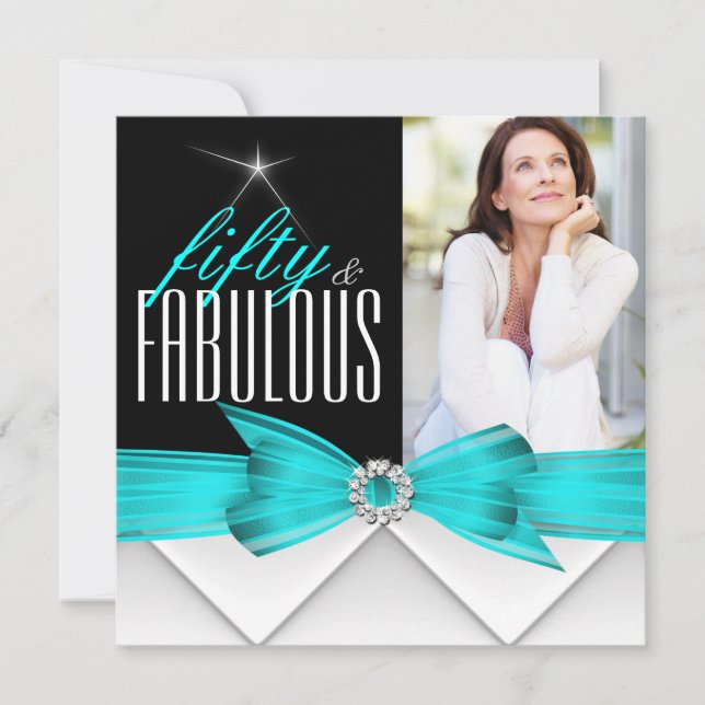 Fantastisches 50 Aquamarines Schwarzes Foto Elegan Einladung (Vorderseite)
