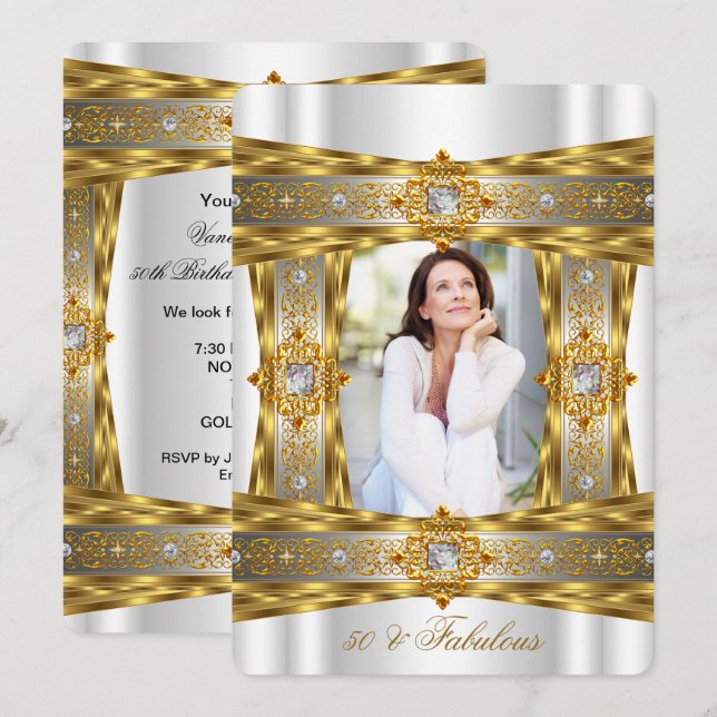 Fantastisches 50 elegantes Diamond Gem Gold Weißes Einladung (Vorne/Hinten)