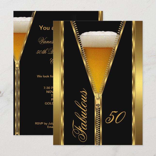 Fantastisches 50 elegantes Zipper Gold Bier Drink Einladung (Vorne/Hinten)