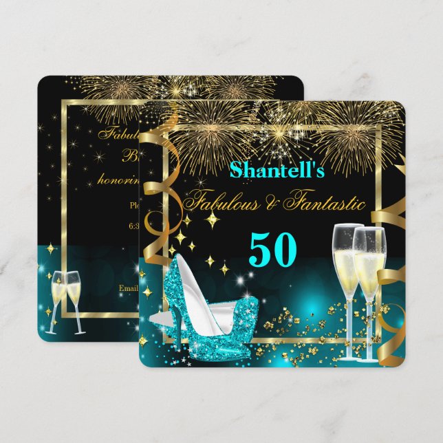 Fantastisches 50 Fantastisches Aquamarines Gold Pa Einladung (Vorne/Hinten)