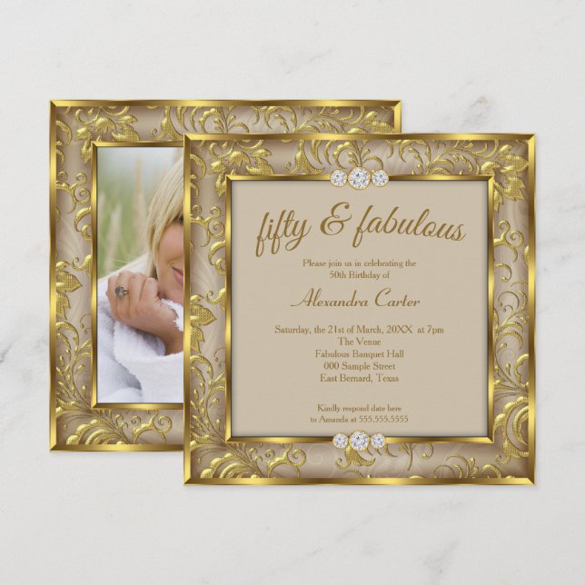 Fantastisches 50. Foto Beige Braun Damask Gold Par Einladung (Vorne/Hinten)