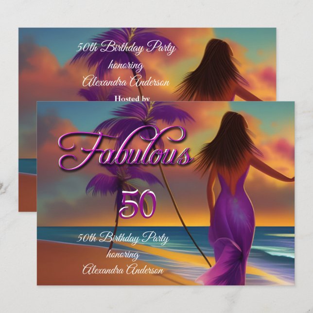 Fantastisches 50. Geburtstag Lila Strand Goldmedai Einladung (Vorne/Hinten)