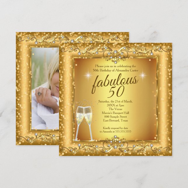 Fantastisches 50. Glanz Gold Champagner Party Foto Einladung (Vorne/Hinten)