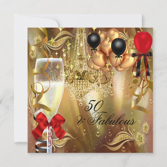 Fantastisches 50 Party Red Gold Champagne Party Einladung (Vorderseite)