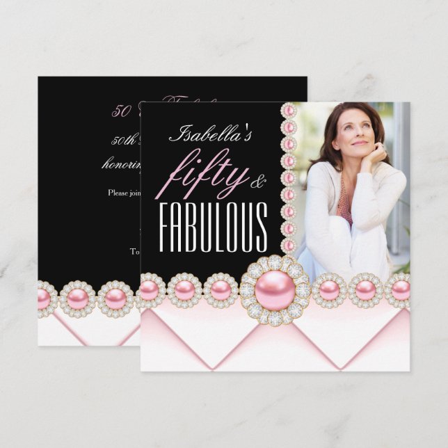 Fantastisches 50 Pink Pearl Foto Elegant Geburtsta Einladung (Vorne/Hinten)