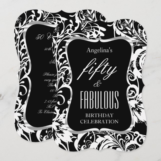 Fantastisches 50 Schwarz-weißes Flora Elegantes Pa Einladung (Vorne/Hinten)