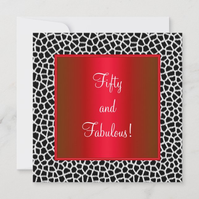 Fantastisches 50th Animal Print Schwarz-weiß Red P Einladung (Vorderseite)