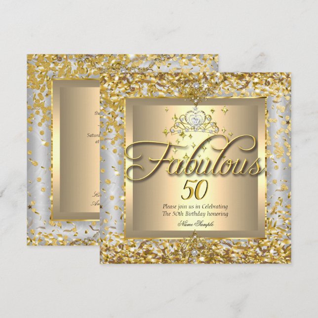 Fantastisches 50th Princess Gold Silbergraues Part Einladung (Vorne/Hinten)