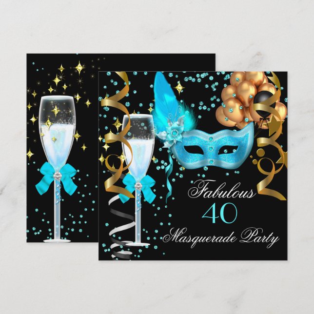 Fantastisches Aquamarines Gold Black Masquerade Pa Einladung (Vorne/Hinten)