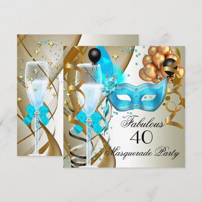 Fantastisches Aquamarines Gold Creme Black Masquer Einladung (Vorne/Hinten)