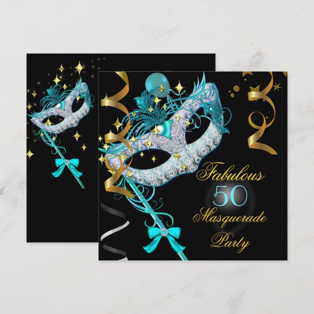 Fantastisches Birthday Aquamarin Gold Black Masque Einladung (Vorne/Hinten)
