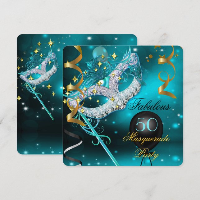 Fantastisches Birthday Aquamarin Gold Masquerade P Einladung (Vorne/Hinten)