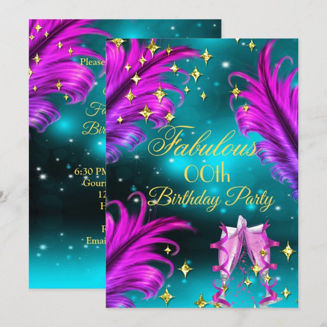 Fantastisches Birthday aquamarin Lila Rosa Champag Einladung (Vorne/Hinten)