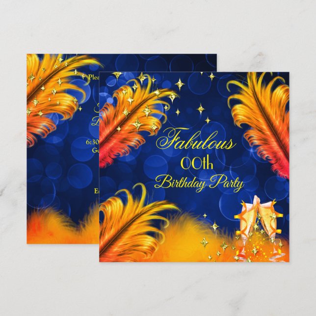 Fantastisches Birthday Blue Gold Yellow Champagne  Einladung (Vorne/Hinten)