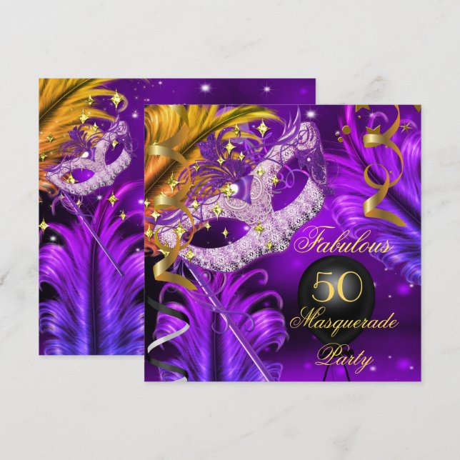 Fantastisches Birthday Lila Gold Masquerade Party  Einladung (Vorne/Hinten)