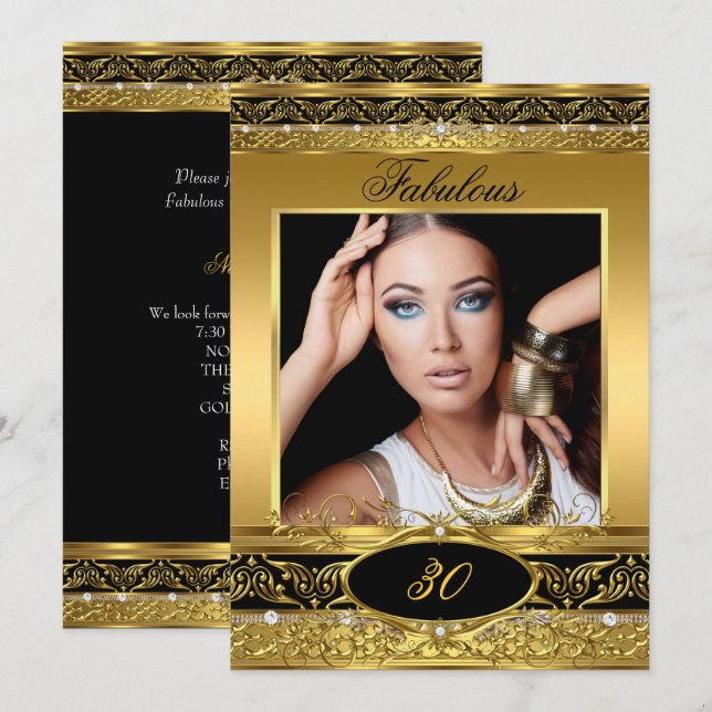 Fantastisches Birthday Party Black Gold Floral Fot Einladung (Vorne/Hinten)