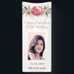 Fantastisches Geburtstagsgebirge Foto Glitzer Weiß Banner<br><div class="desc">Ein vertikales Banner für eine göttliche und glamouröse 50. (oder jedes Alter) & Fabulous Geburtstagsparty. Ein eleganter weißer Hintergrund mit einer eleganten Rose Gold, Rosa und Imitat silberne Glitzer Tropfen, Farbe Tropfen Bänder hinter einem großen rosa Rose und grüne Blätter. Personalisieren und fügen Sie ein Foto der Geburtstagsfrau. Der Text:...</div>
