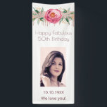 Fantastisches Geburtstagsgebirge Foto Glitzer Weiß Banner<br><div class="desc">Ein vertikales Banner für eine göttliche und glamouröse 50. (oder jedes Alter) & Fabulous Geburtstagsparty. Ein eleganter weißer Hintergrund mit einer eleganten Rose Gold, Rosa und Imitat silberne Glitzer Tropfen, Farbe Tropfen Bänder hinter einem großen rosa Rose und grüne Blätter. Personalisieren und fügen Sie ein Foto der Geburtstagsfrau. Der Text:...</div>