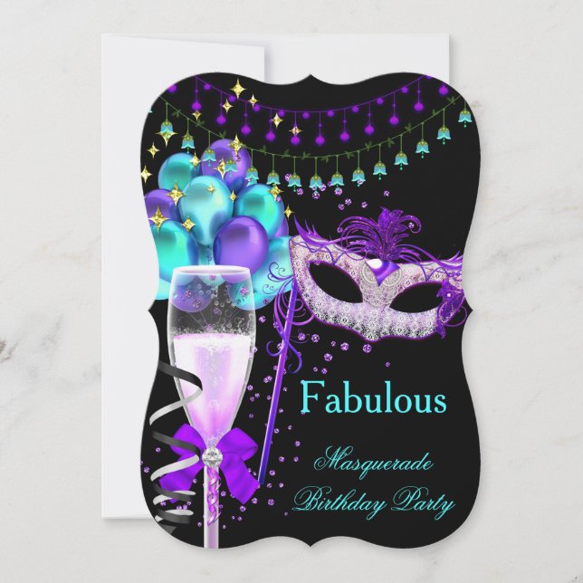 Fantastisches Lila Aquamarines Black Masquerade Pa Einladung (Vorderseite)
